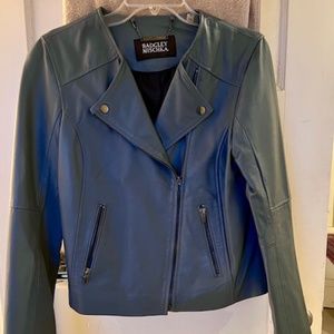 BADGLEY MISCHKA DUSTY BLUE/GREY LEATHER ZIP UP MOTO JACKET SIZE MEDIUM